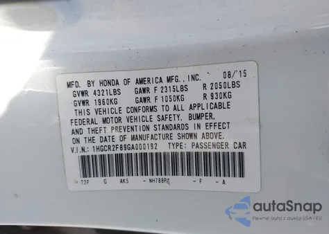 2016 Honda Accord Ex-L из США, поврежденный, VIN 1HGCR2F89GA000192